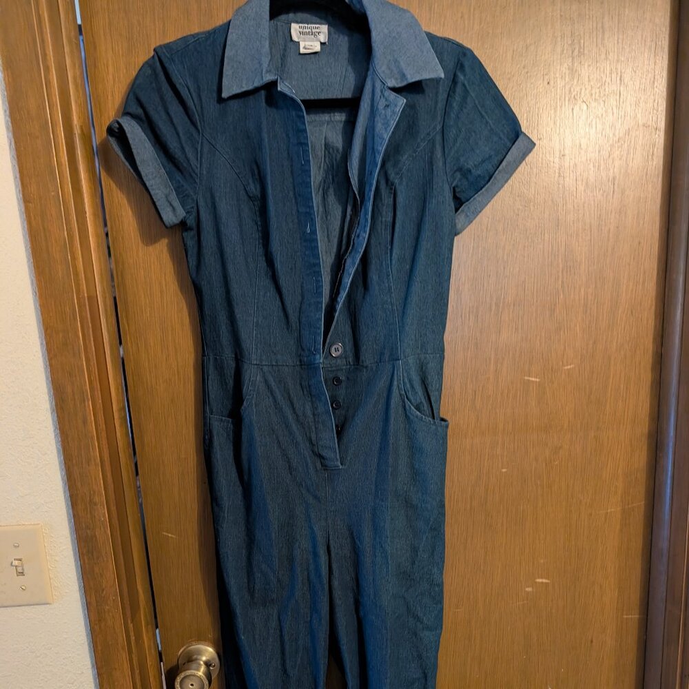 DONATED Unique Vintage Stretch Denim Tapered-leg Short-Sleeve Jumpsuit
